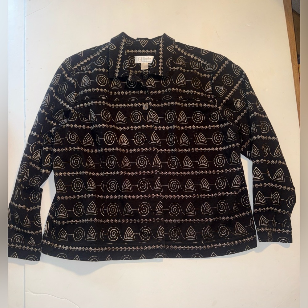 CJ Banks Jacket Women’s Size XL Button Embroidered Geometric Black / Silver